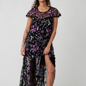 Free People Sky Bright Maxi Dress Black Sheer Ethereal  Embroidered Womens L NWT